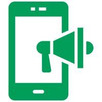 Green smartphone and megaphone icon on black.