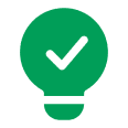 Green lightbulb with check mark inside.