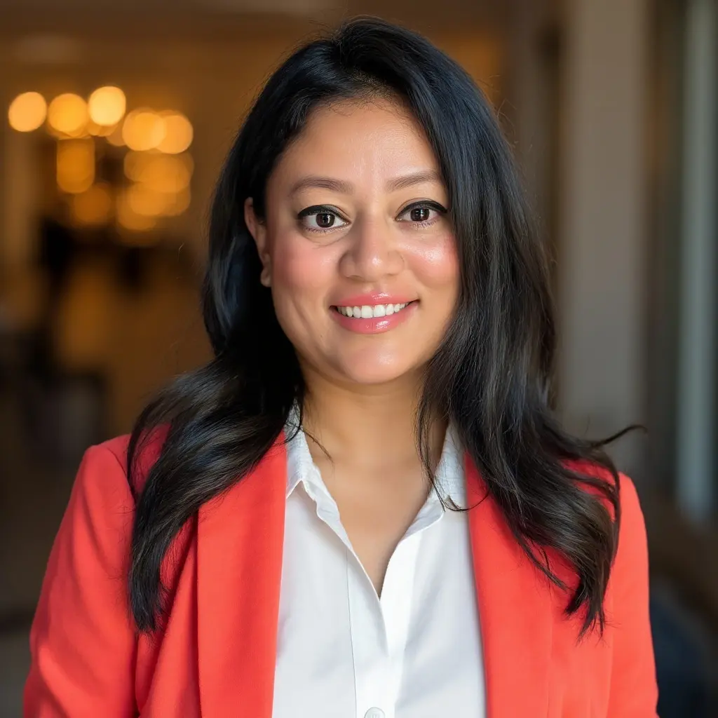 A woman in an orange jacket smiling for the camera.